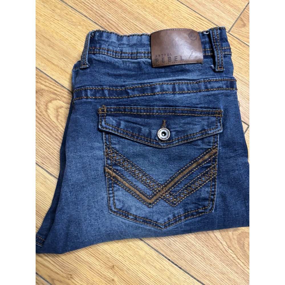 Artful Rebel Men Blue Jeans Thick Stitch Embroidered Flap Pocket 36x32 Cyber Y2K